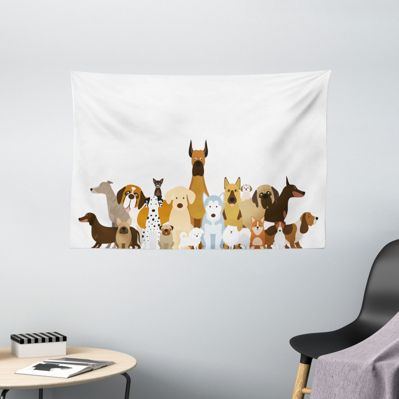 Funny Pet Breeds Cartoon Wide Tapestry