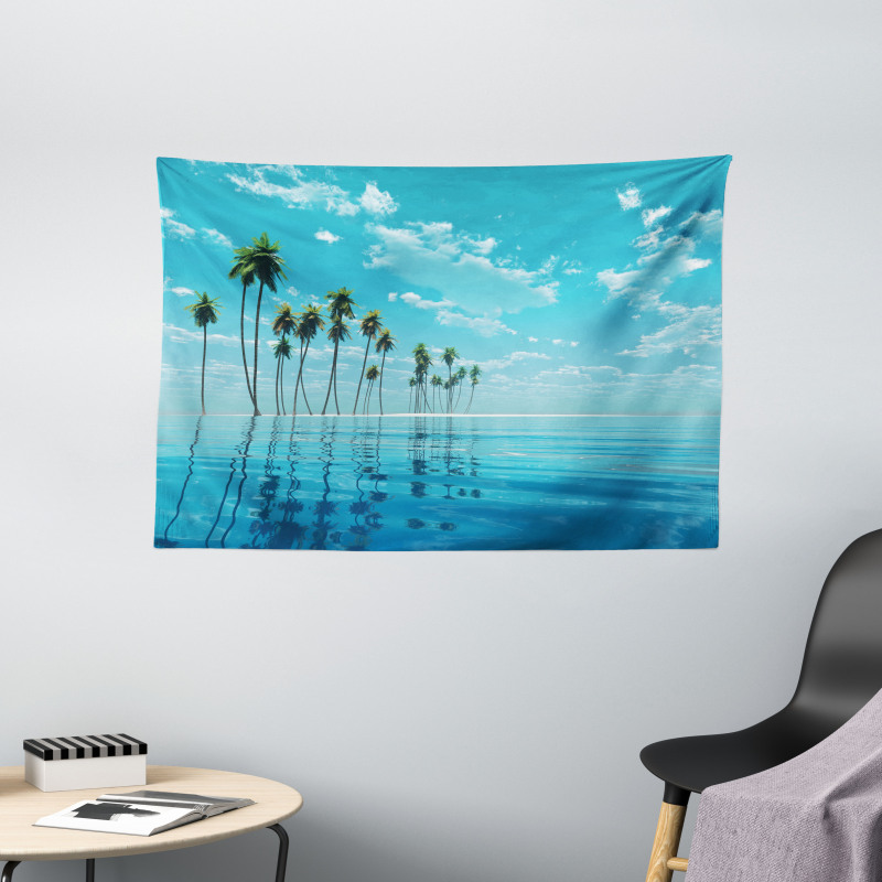 Long Coconut Trees Still Water Wide Tapestry