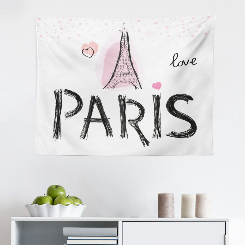 Paris Mikrofiber Geniş Duvar Halısı Romantik ve Kalpli Eyfel Kulesi Grafik Çizim