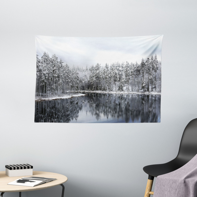 Trees in Cold Day Lake Wide Tapestry