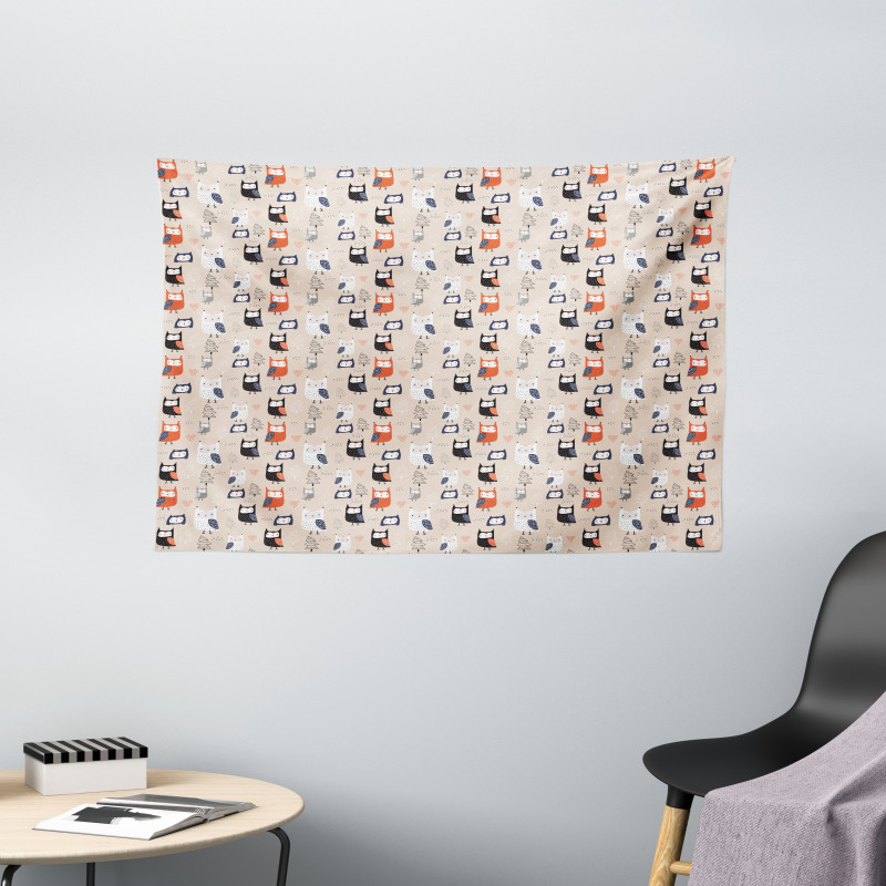 Funny Birds Outline Trees Wide Tapestry