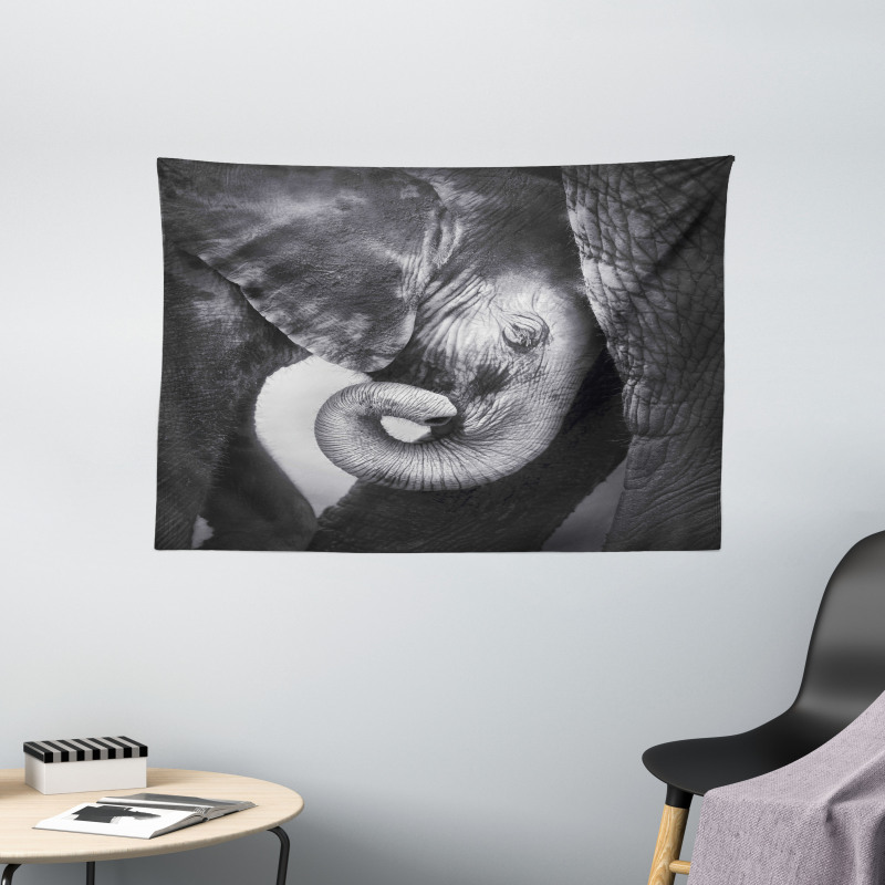 Elephant Mother and Baby Wide Tapestry