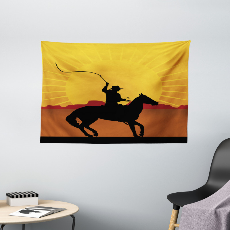 Cowboy on Horse Shade Wide Tapestry