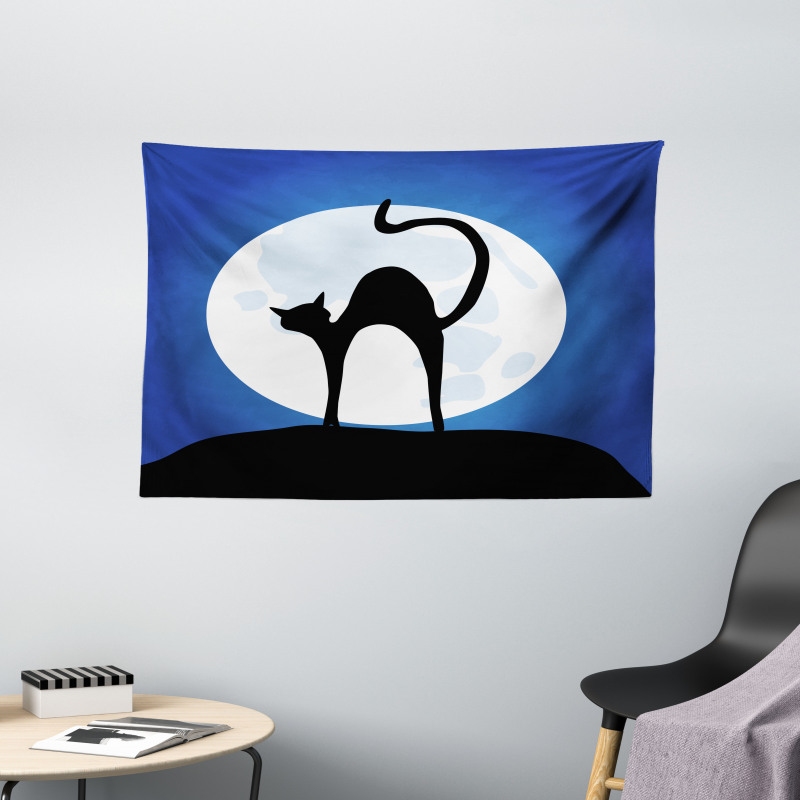 Black Cat Full Moon Sky Wide Tapestry