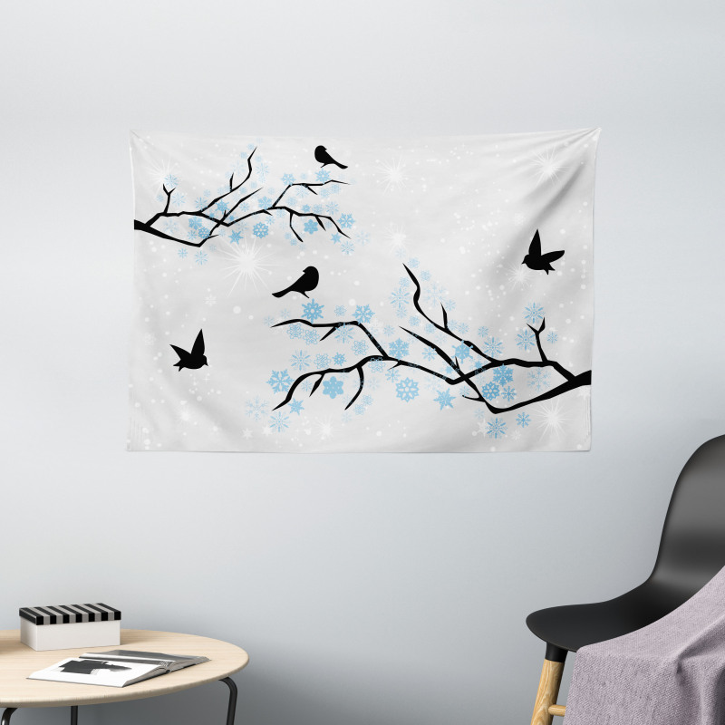 Winter Birds Stars Sky Wide Tapestry