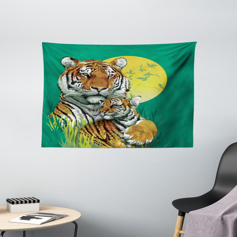 Tiger Family in Jungle Wide Tapestry