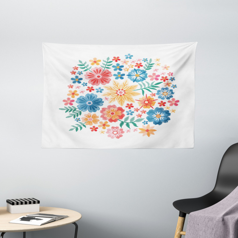 Colorful Folk Flowers Circle Wide Tapestry