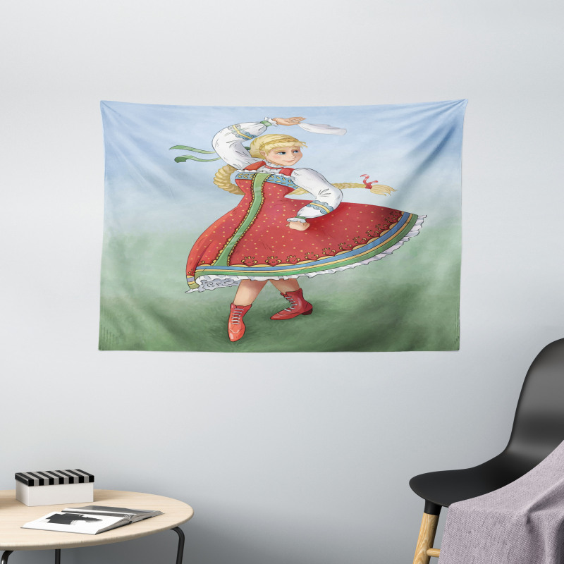 Slavic Girl Dancing Drawing Wide Tapestry