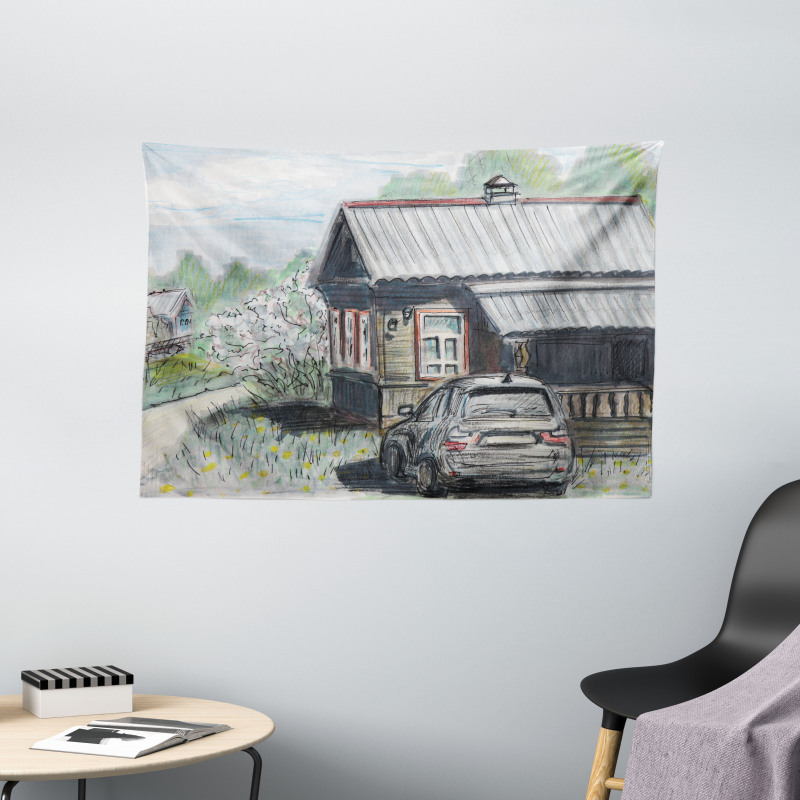 Parked Car Village House Wide Tapestry