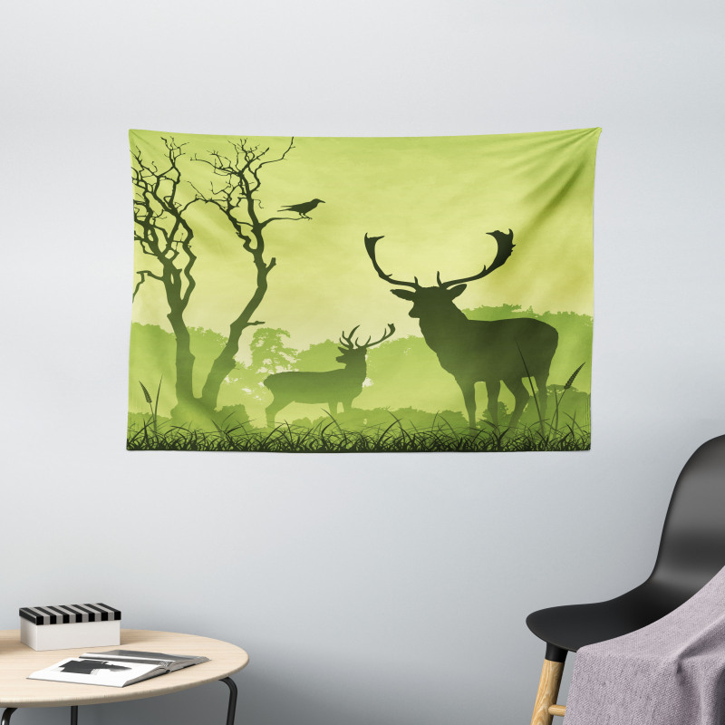 Deer Trees and Crow Bird Wide Tapestry