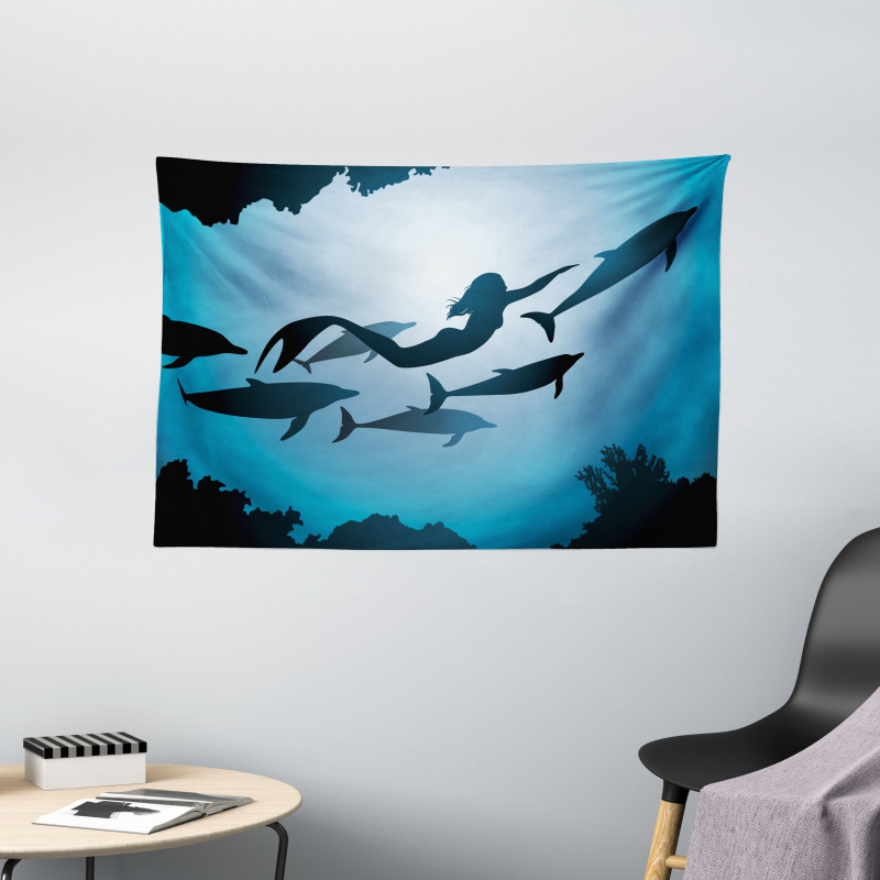Mermaid and Dolphins Wide Tapestry