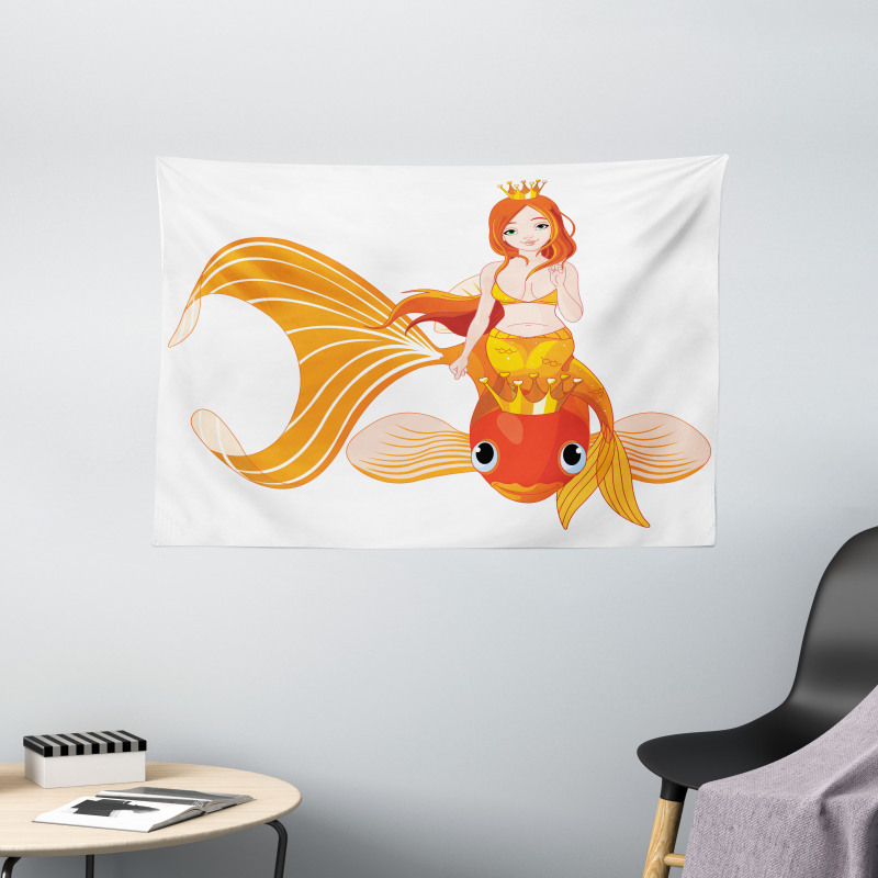 Princess on Goldfish Wide Tapestry