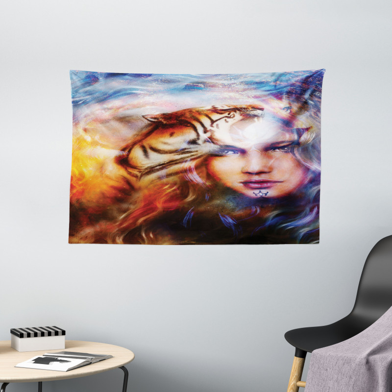 Tiger and Lion Head Wide Tapestry