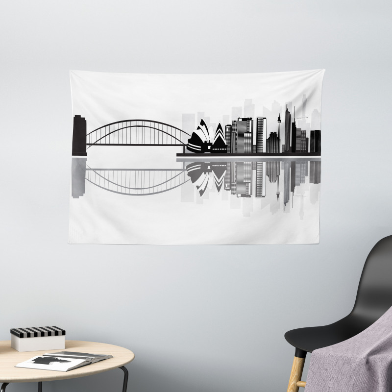 Monochrome Sydney Skyline Wide Tapestry