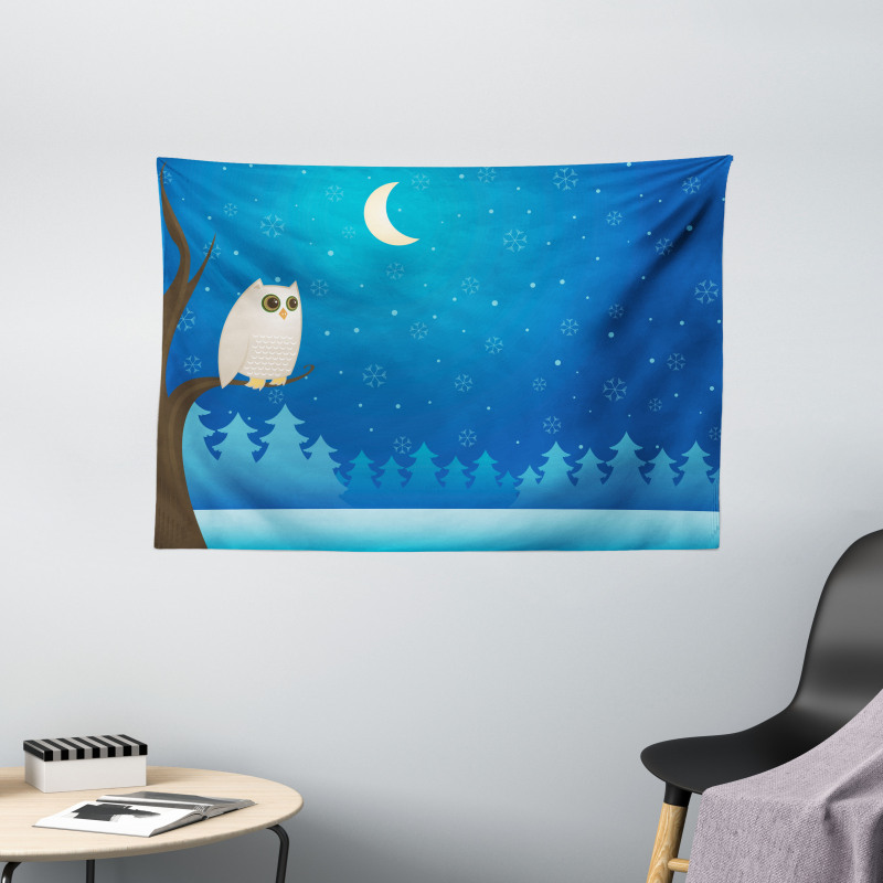 Owl on Tree Branch Art Wide Tapestry