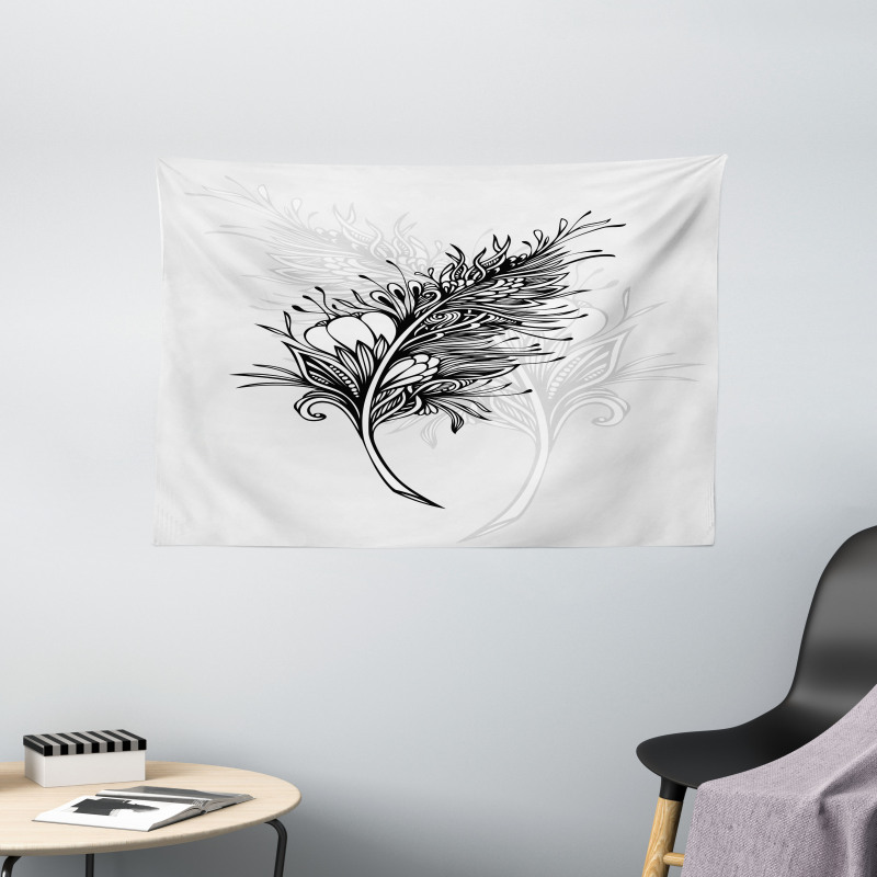 Doodle Style Plumage Boho Wide Tapestry