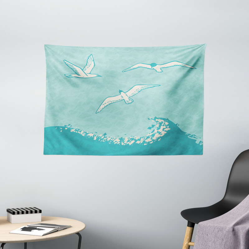 Seagulls Flying over Waves Wide Tapestry