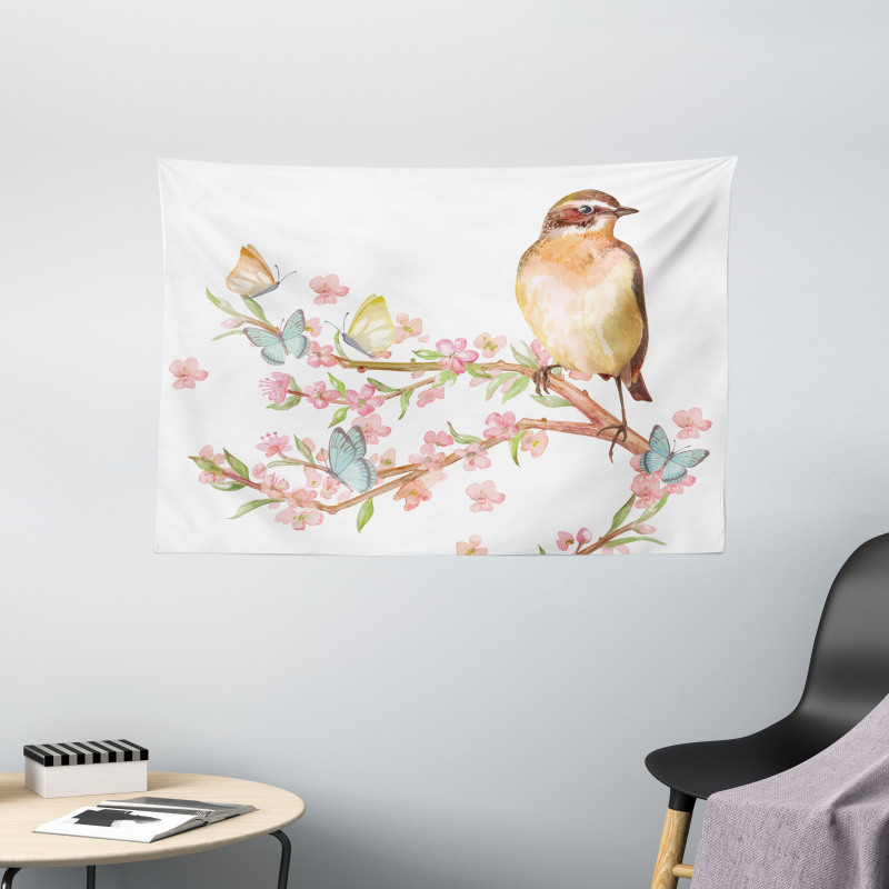 Bird on a Blossoming Tree Wide Tapestry