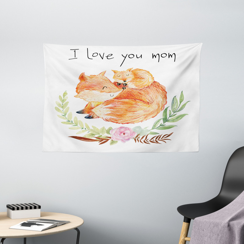 Mom Fox and the Baby Hugging Wide Tapestry