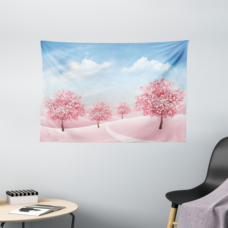 Blooming Sakura Trees Scene Wide Tapestry