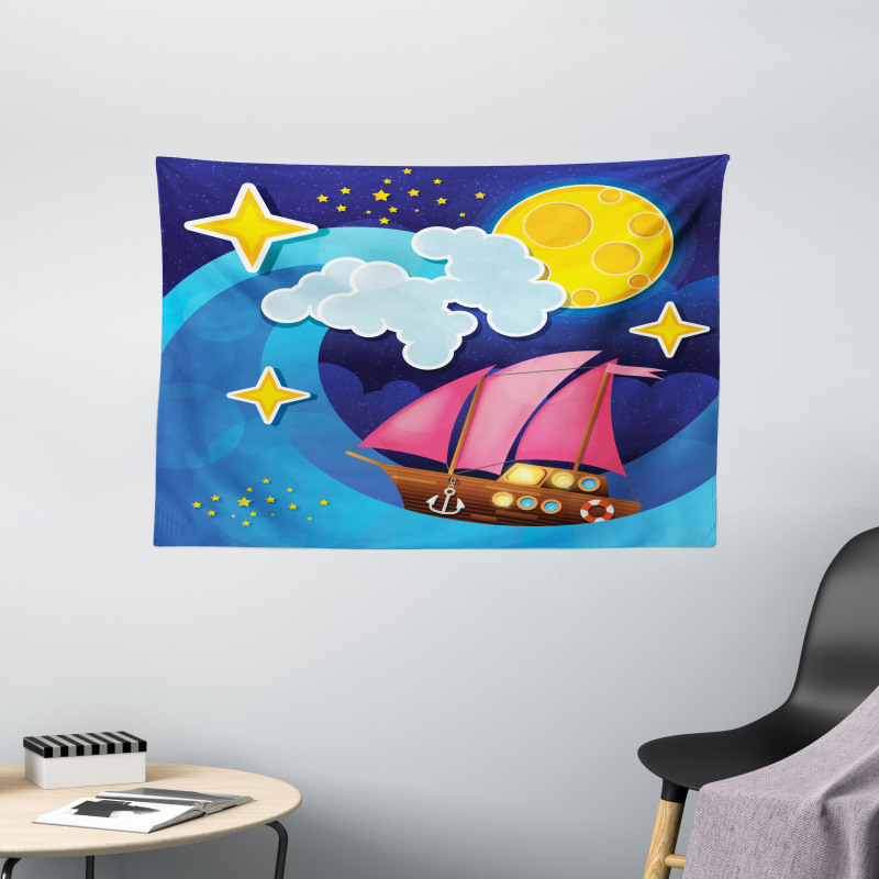 Sailing Boat Cartoon Wide Tapestry