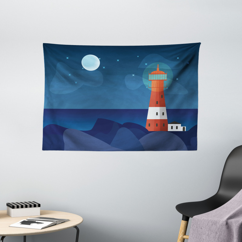 Lighthouse at Night Wide Tapestry