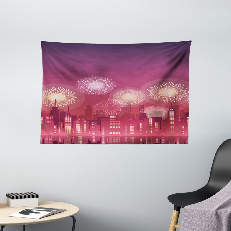 Cityscape Fireworks Wide Tapestry