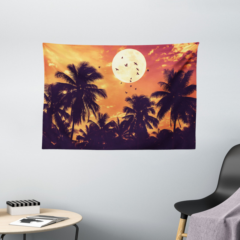 Palms Full Moon Birds Wide Tapestry