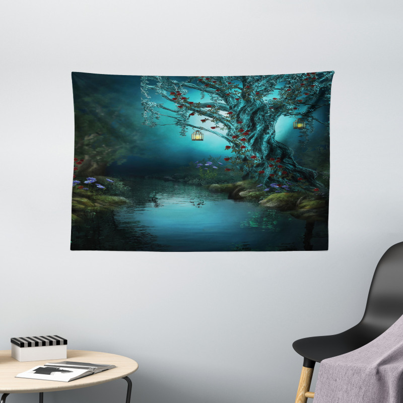 Mystical Forest Lake Wide Tapestry