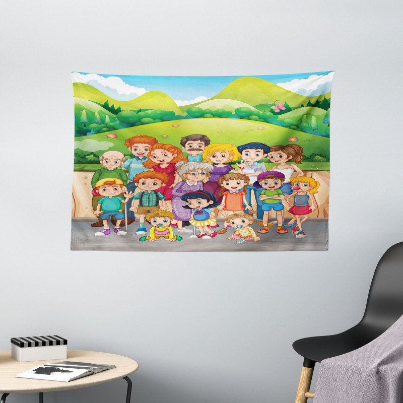 Cartoon Style Family Photo Wide Tapestry