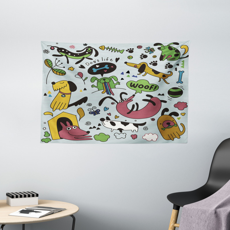 Vivid Playful Dog Pattern Wide Tapestry