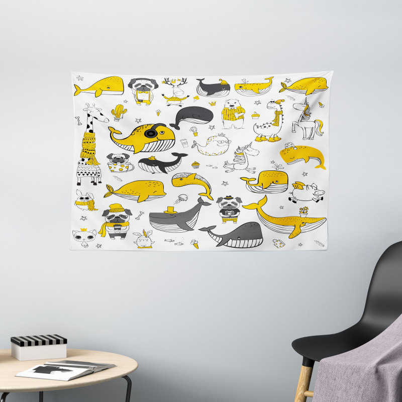 Childish Funny Animals Wide Tapestry