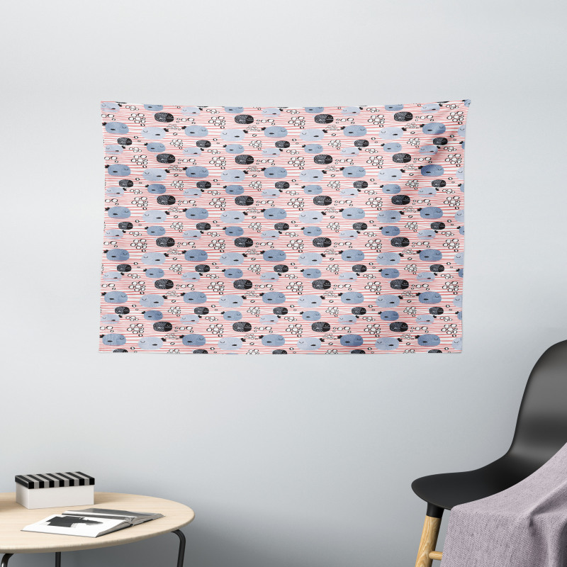 Fish and Bubbles on Stripes Wide Tapestry