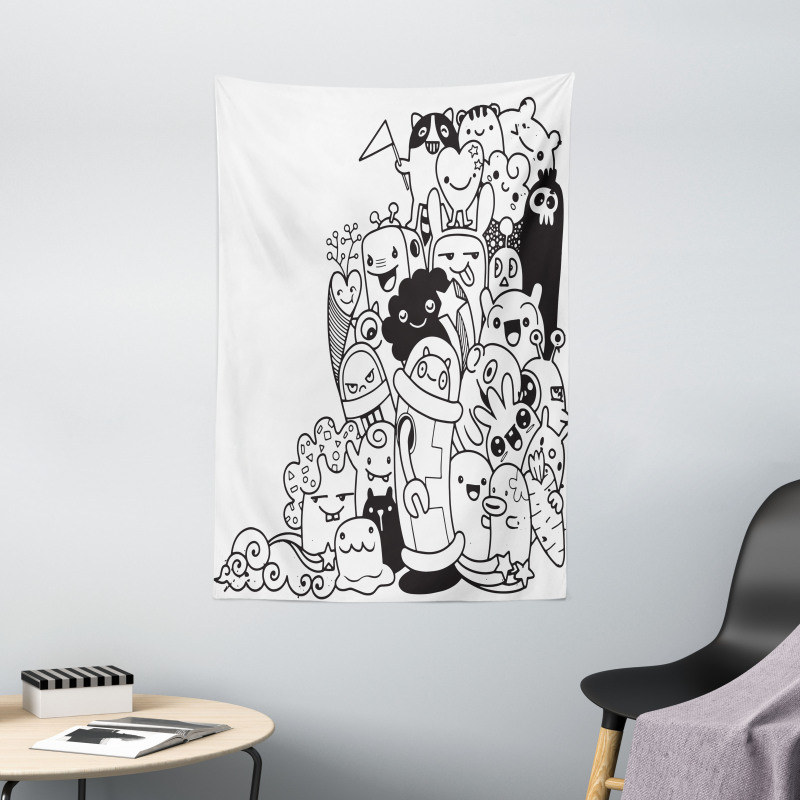 Monotone Monster Characters Tapestry