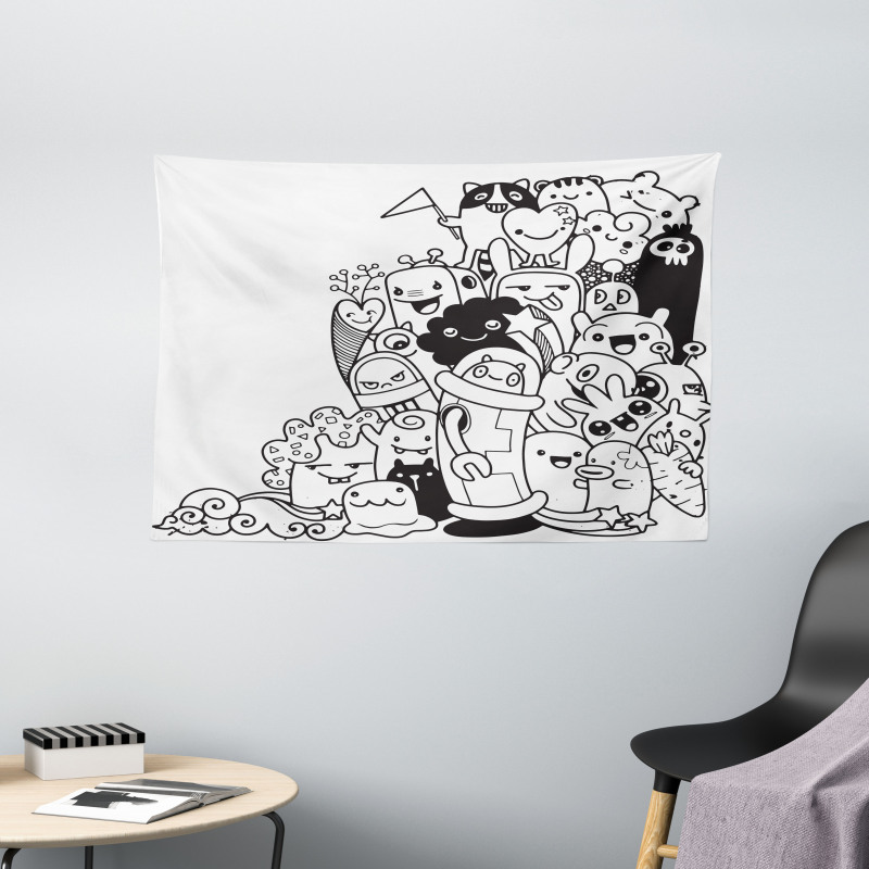 Monotone Monster Characters Wide Tapestry