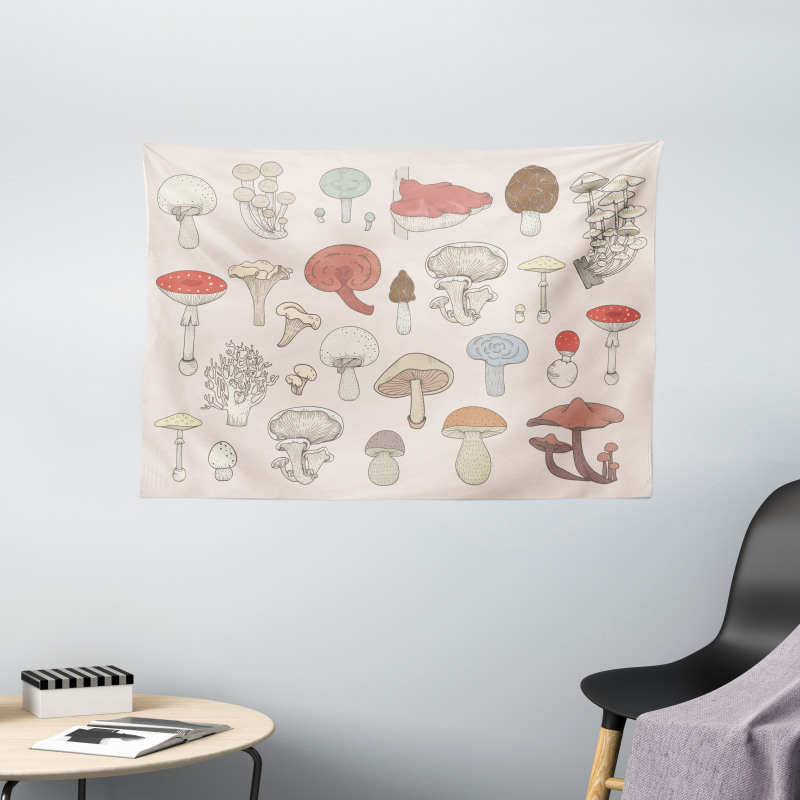 Pastel Various Mushrooms Wide Tapestry