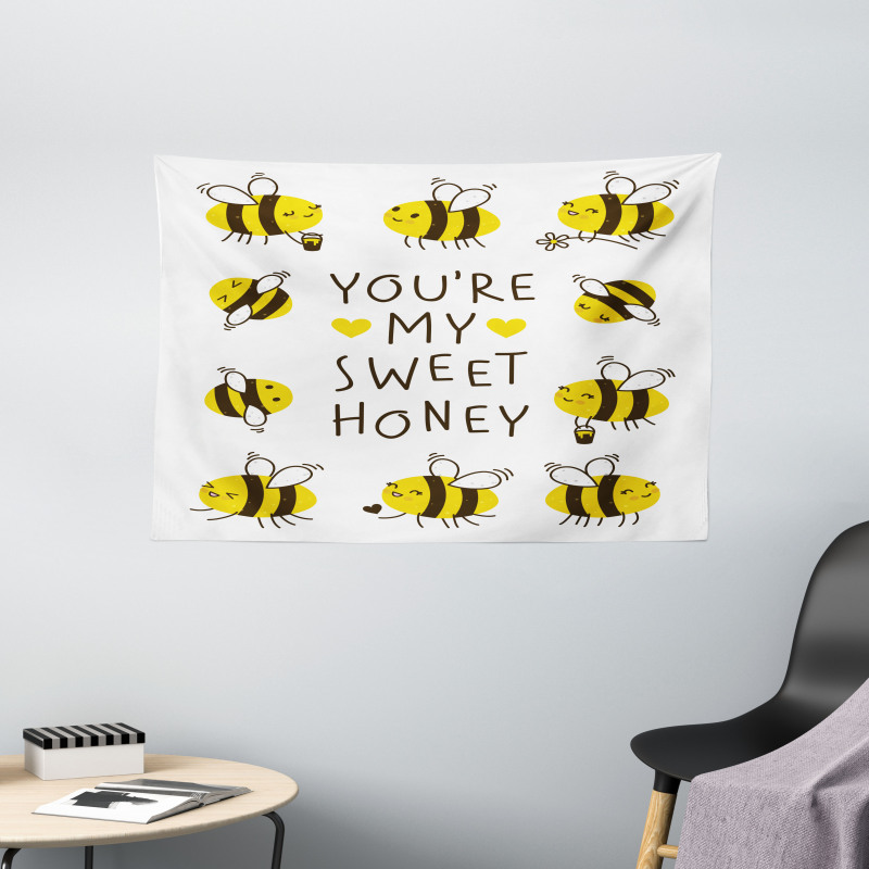 Love Text and Happy Bees Wide Tapestry