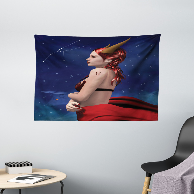 Taurus Girl Horns Sign Wide Tapestry
