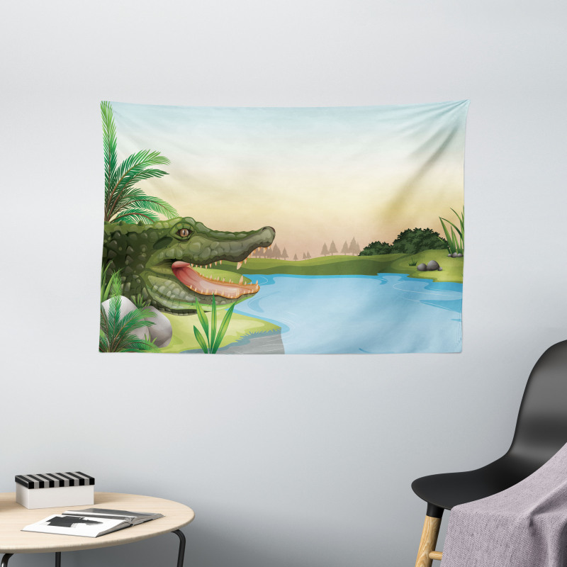 Palms Crocodiles Humor Wide Tapestry