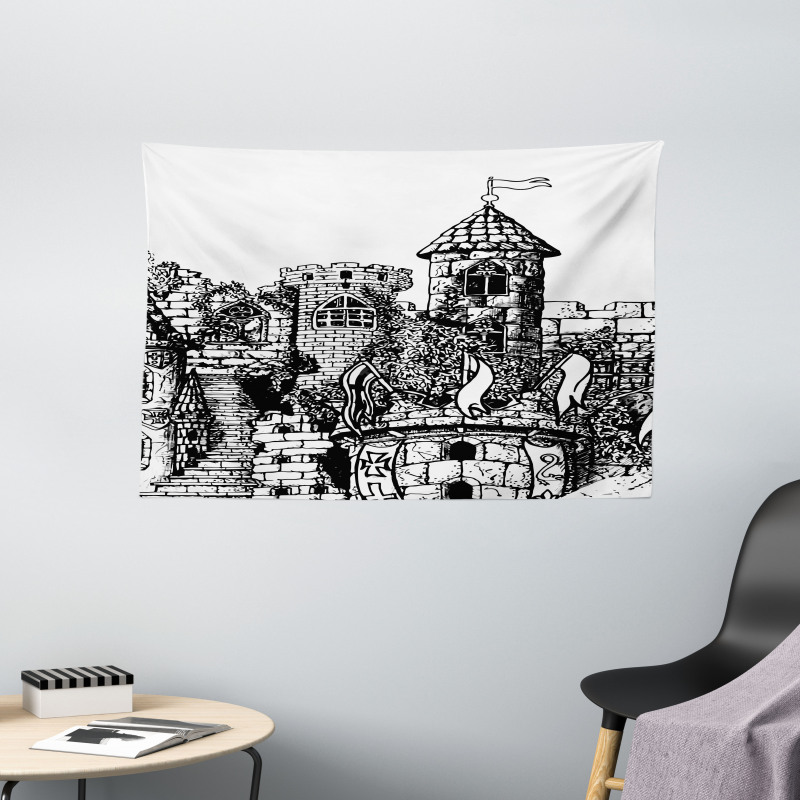 Medieval Fortress Sketch Wide Tapestry