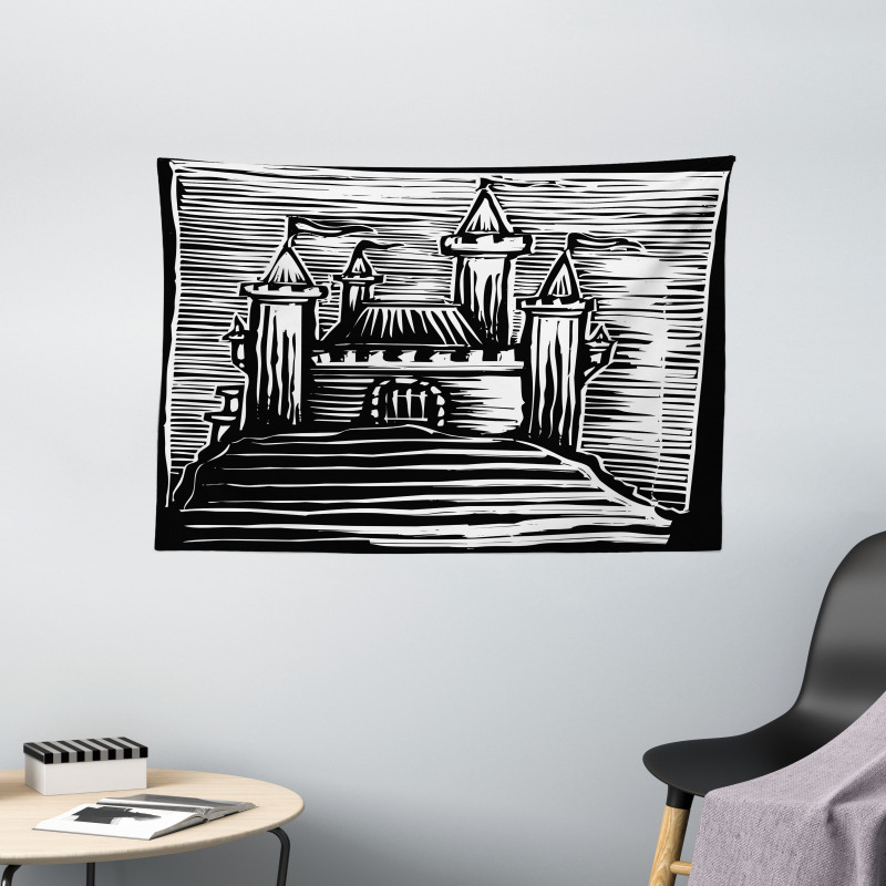 Woodcut Medieval Fortress Wide Tapestry