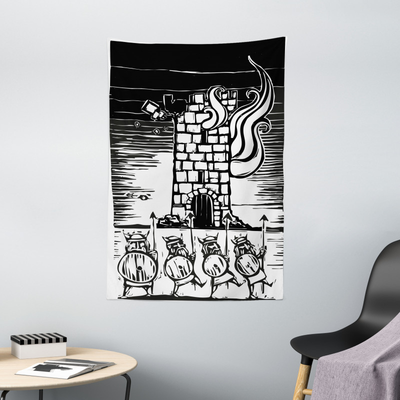 Woodcut Style Viking Tower Tapestry