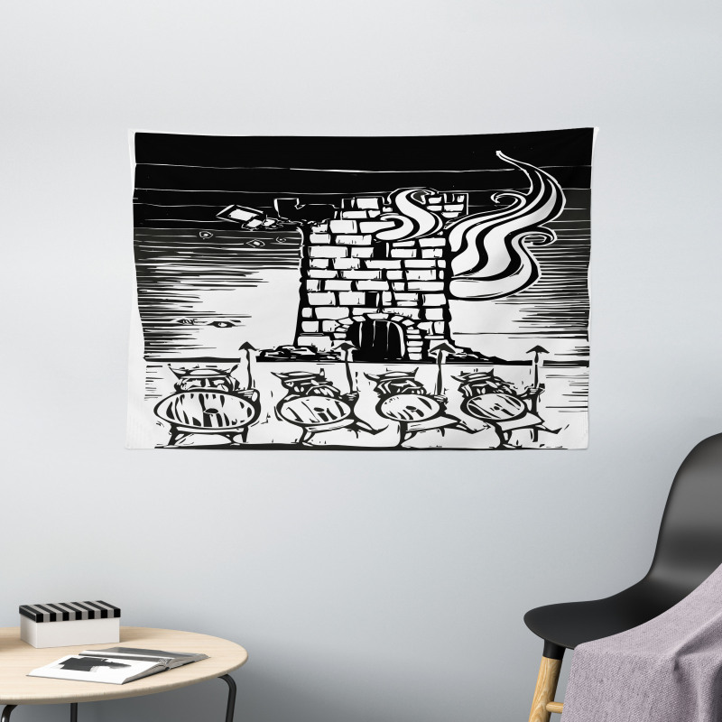 Woodcut Style Viking Tower Wide Tapestry