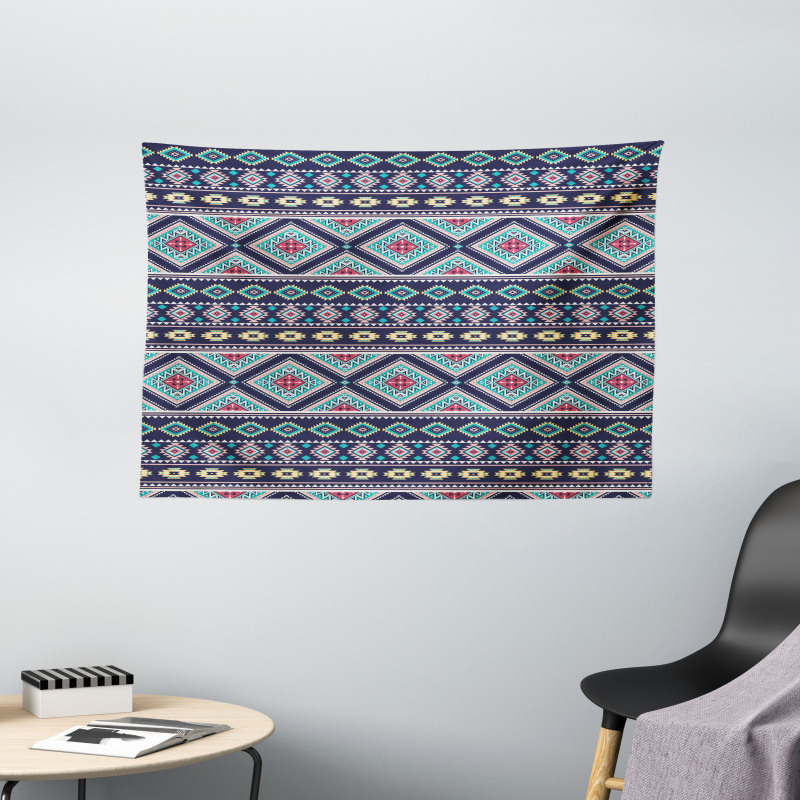 Folkloric Geometrical Art Wide Tapestry