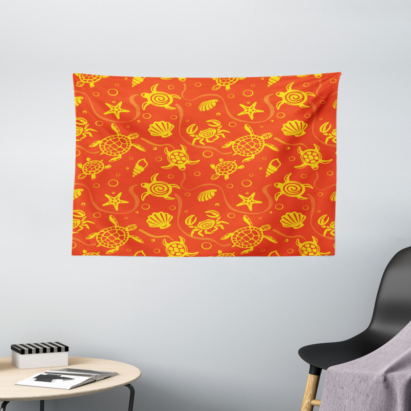 Yellow Turtles Crabs Wide Tapestry
