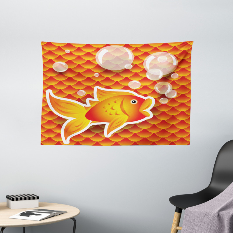 Cartoon Goldfish Bubble Wide Tapestry