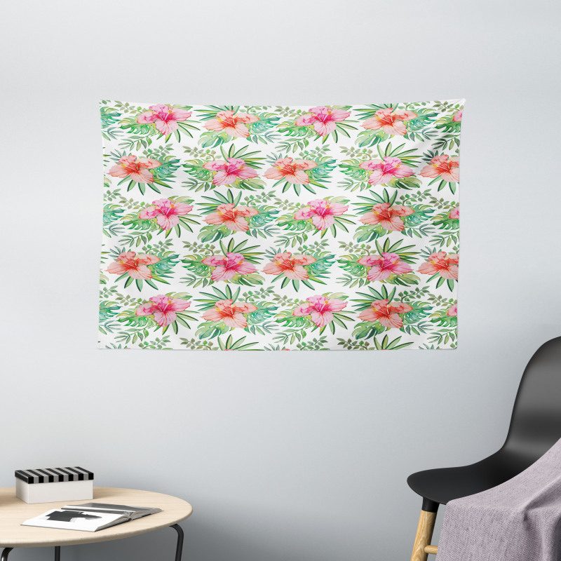 Hibiscus Monstera Palm Leaves Wide Tapestry