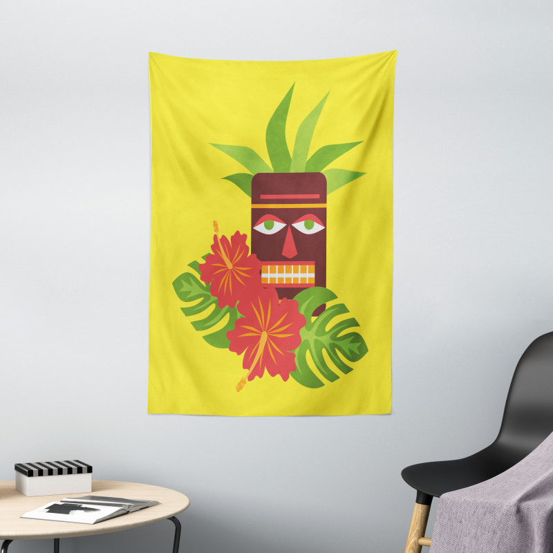 Tiki Mask and Exotic Hibiscus Tapestry