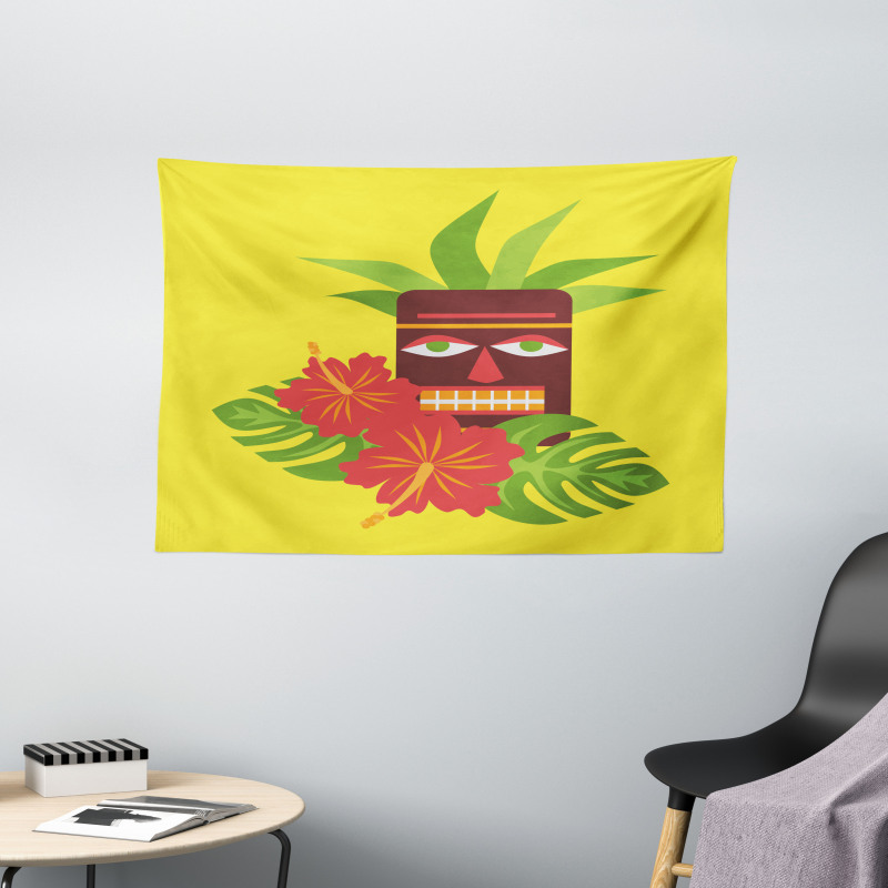 Tiki Mask and Exotic Hibiscus Wide Tapestry