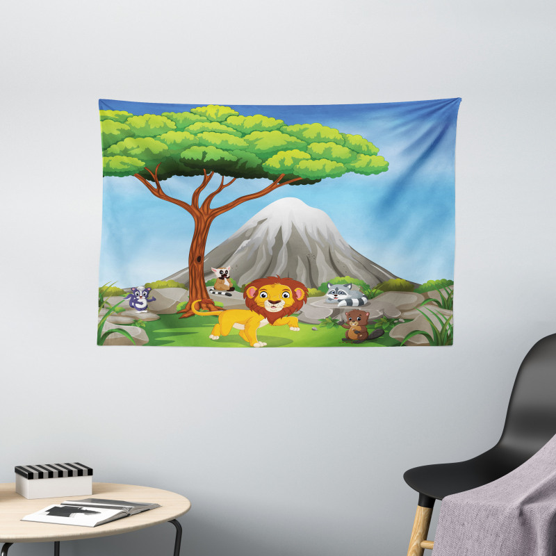 Animals Volcano Wide Tapestry